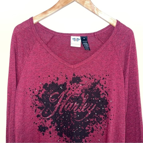 Harley-Davidson Long Sleeve‎ Shirt  Blouse Top Studded Rhinestone Red Women's 1W - Picture 4 of 7